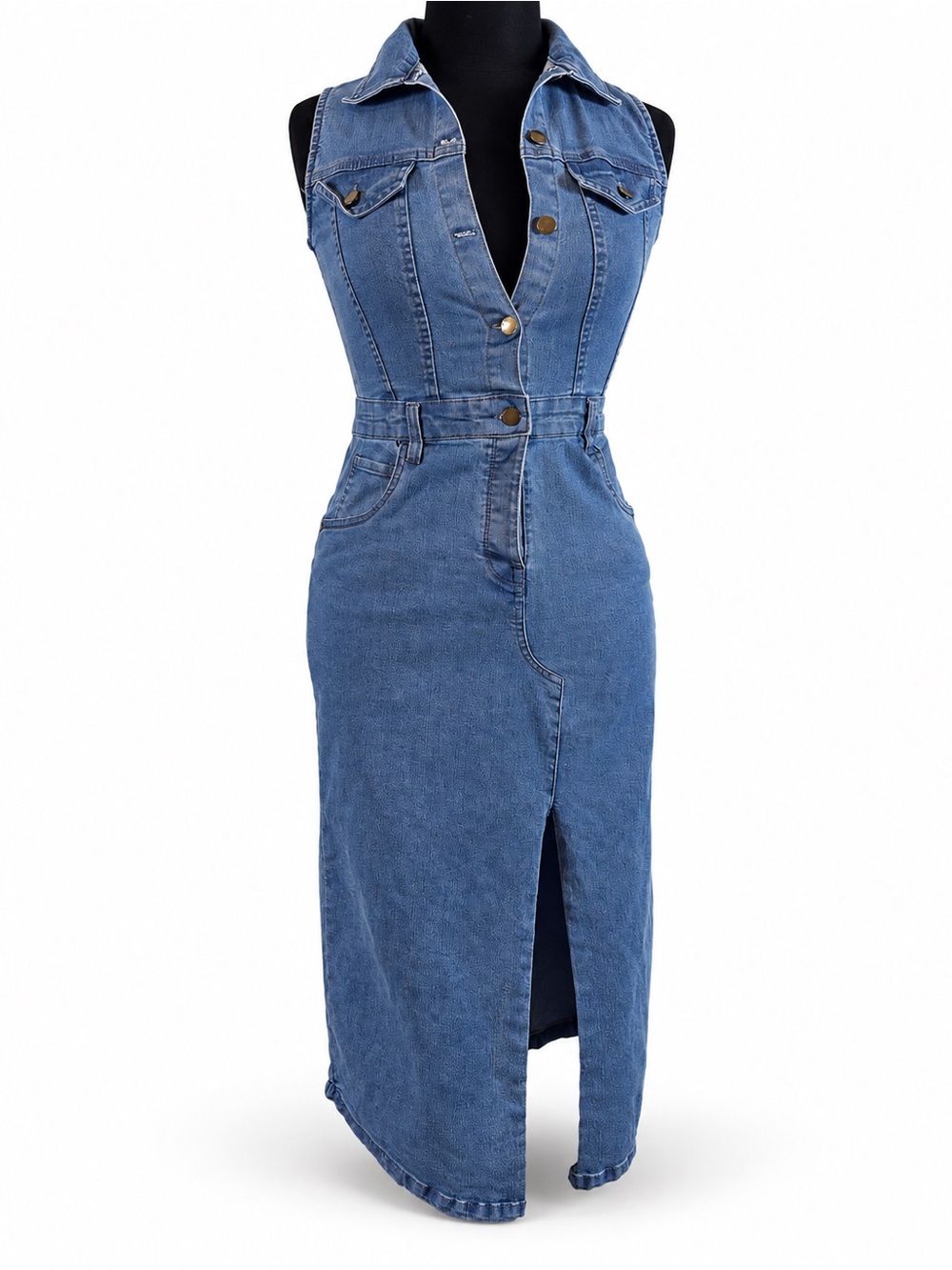 Bebe Denim Midi Dress M Button Front Sleeveless Y2K Western Utility Bodycon